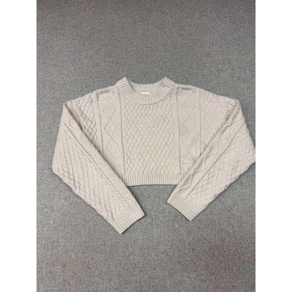 H&M Cable Knit Cropped Sweater Size Medium Cream Beige Long Sleeve Wool Blend To
